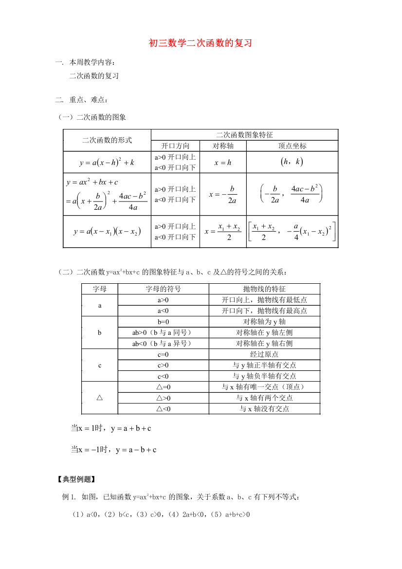 （小学中学试题）初三数学二次函数的复习