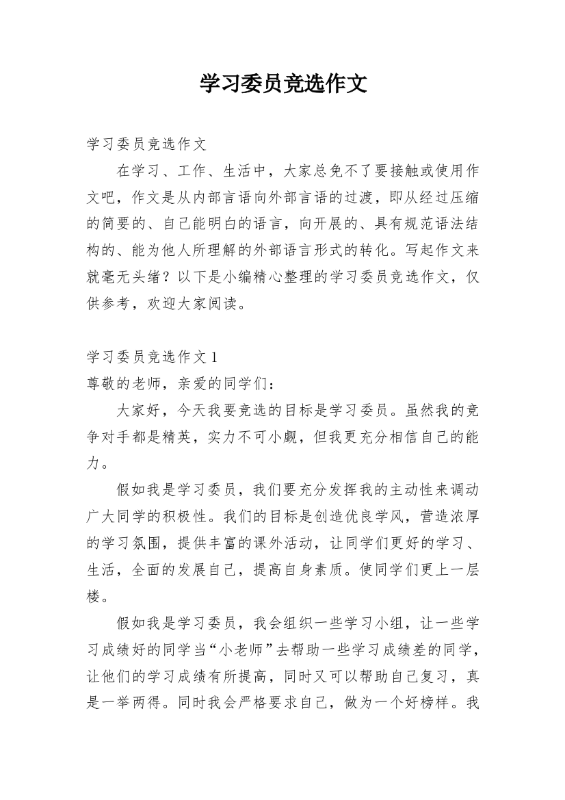 学习委员竞选作文