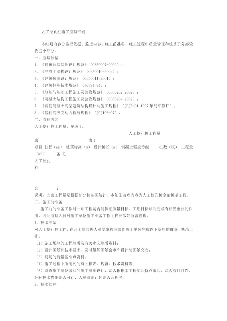 人工挖孔桩施工监理细则