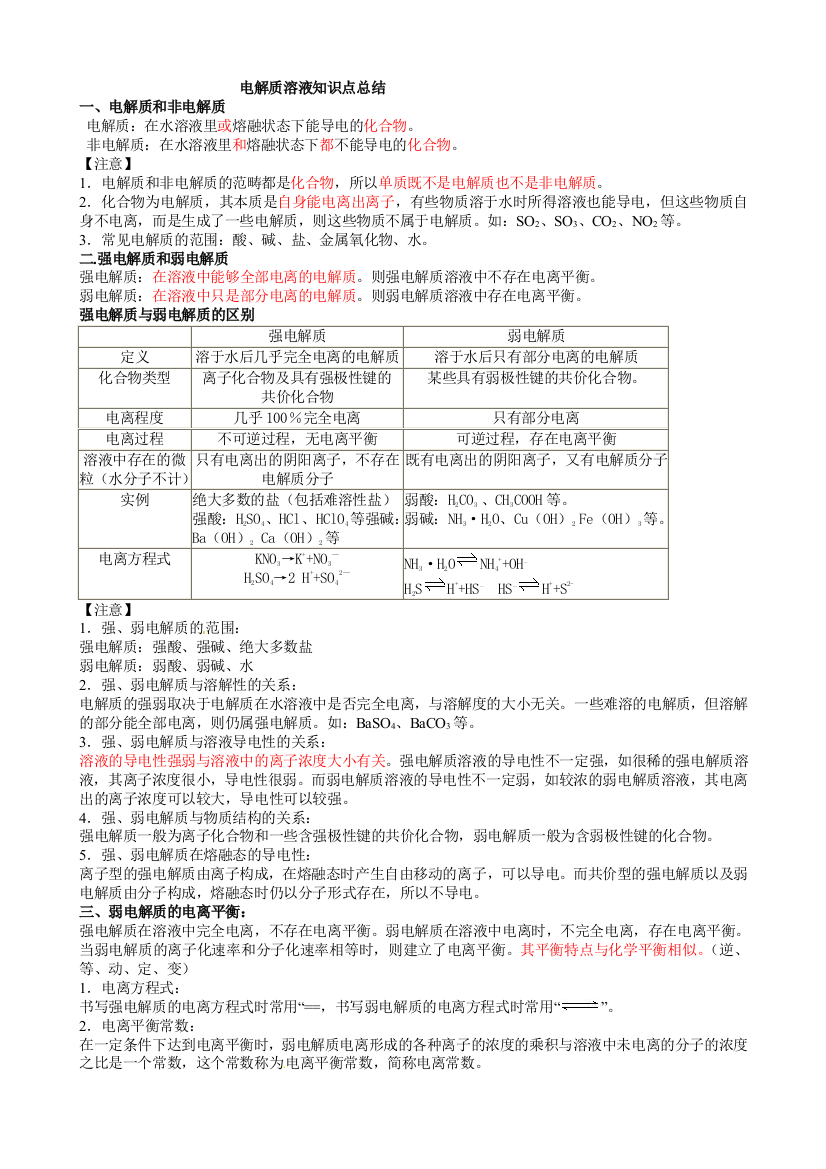 电解质溶液知识点总结教师版