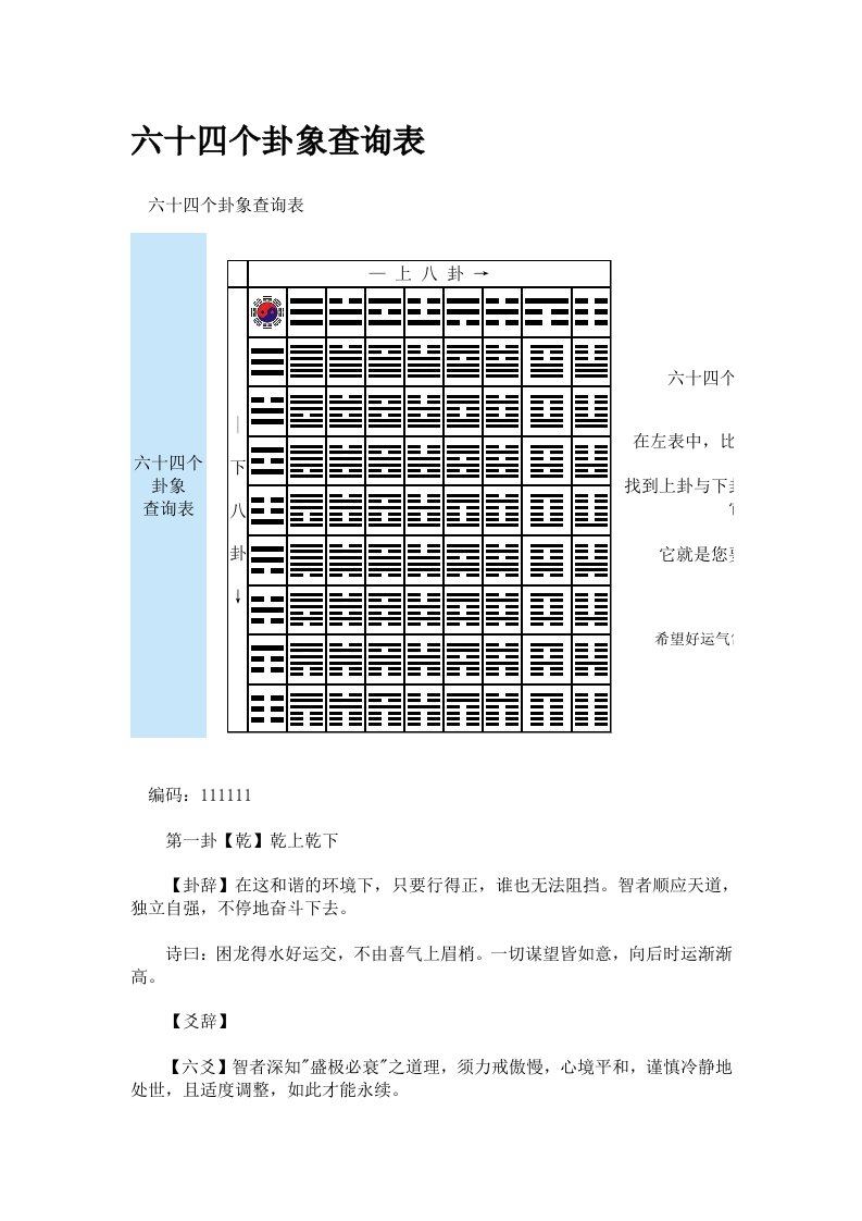 六十四个卦象查询表