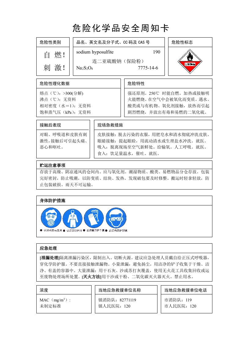 保险粉(危险化学品安全周知卡)