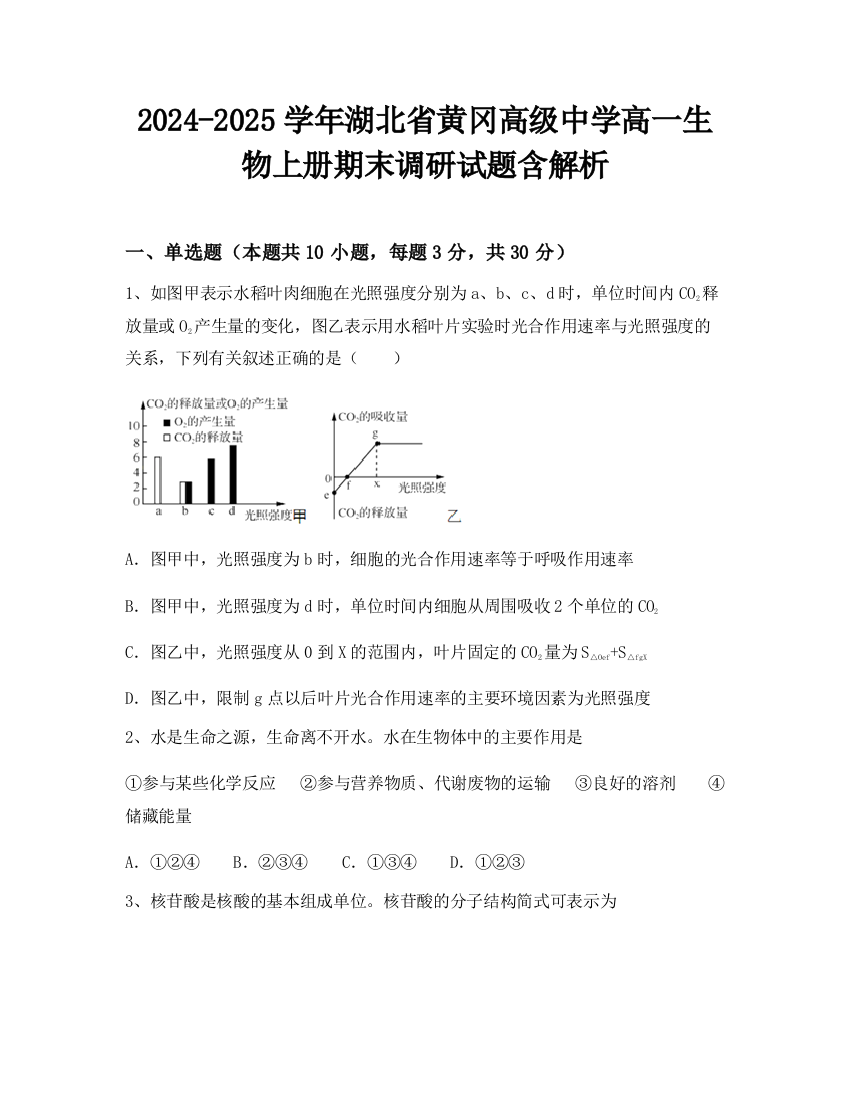 2024-2025学年湖北省黄冈高级中学高一生物上册期末调研试题含解析