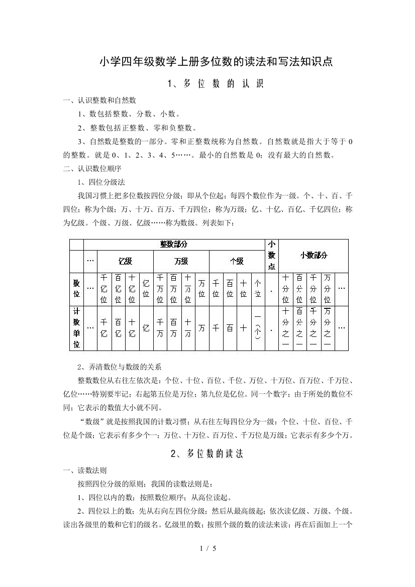 最新小学四年级数学上册多位数的读法和写法知识点