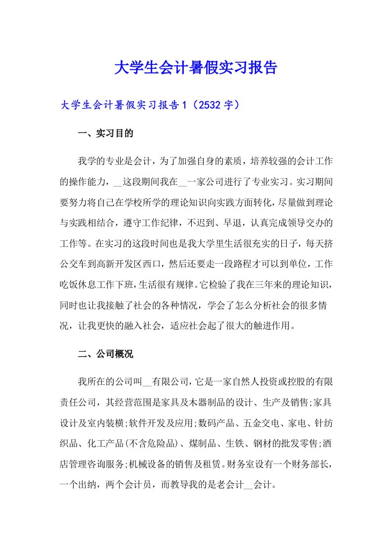 大学生会计暑假实习报告