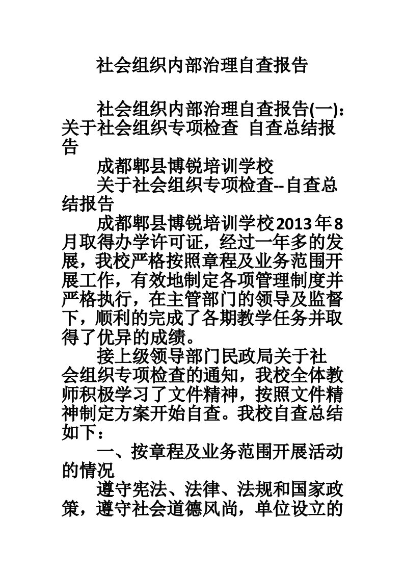 社会组织内部治理自查报告