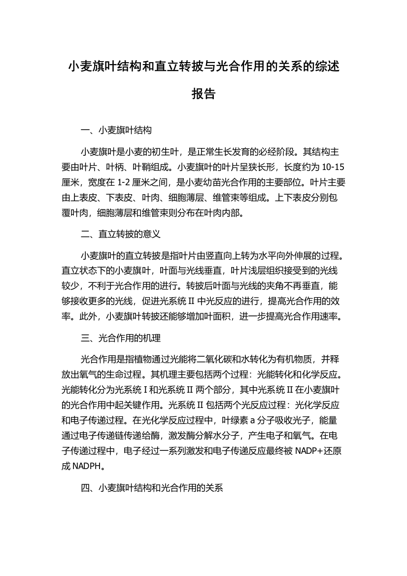 小麦旗叶结构和直立转披与光合作用的关系的综述报告