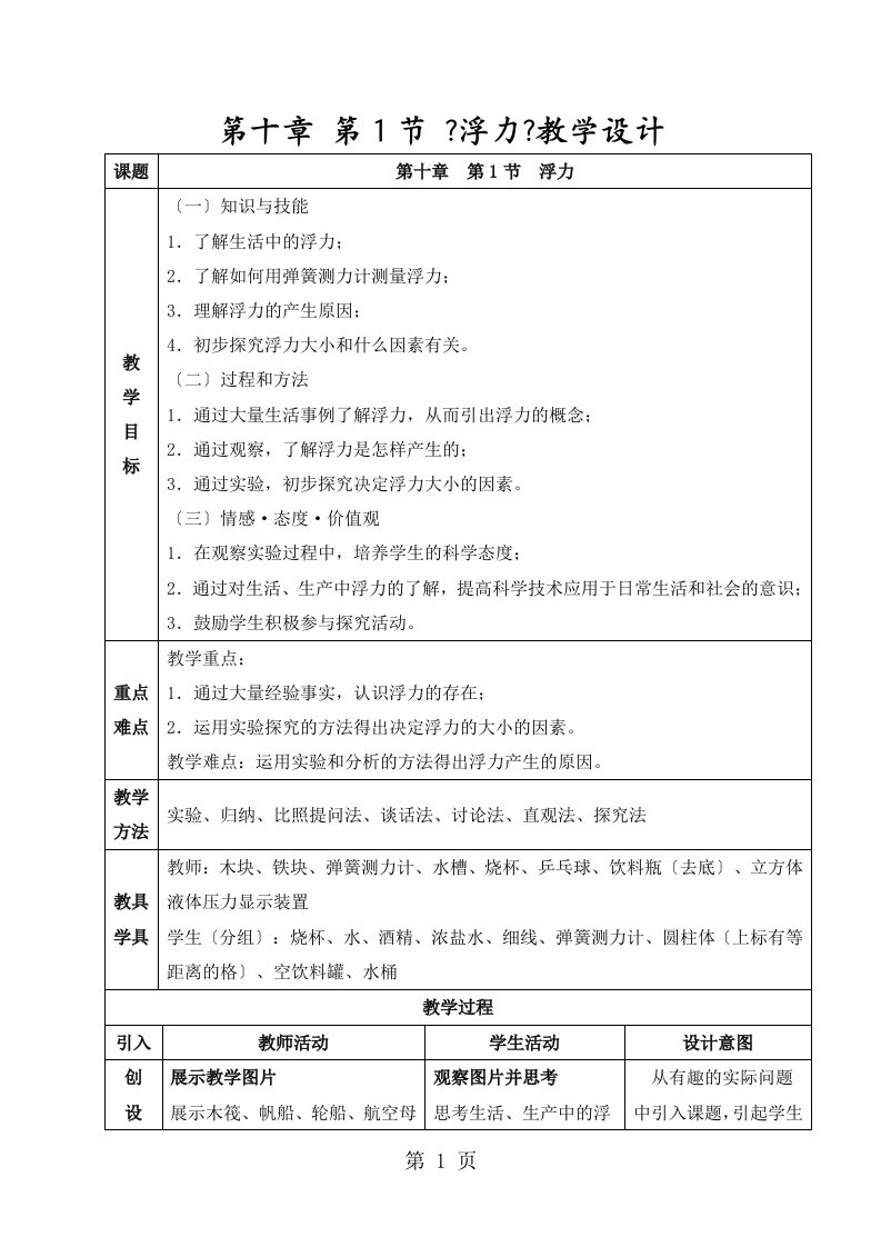 人教版八年级物理下册第十章第一节《浮力》优质课教案