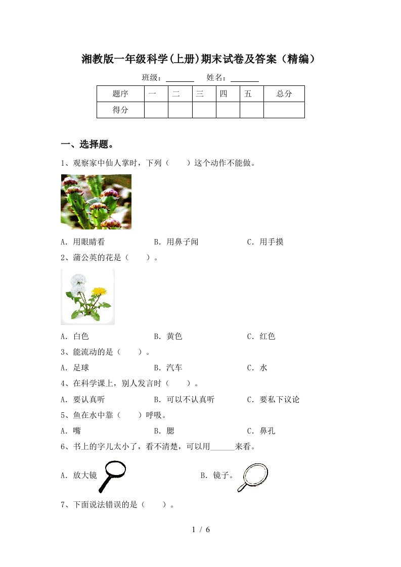 湘教版一年级科学上册期末试卷及答案精编