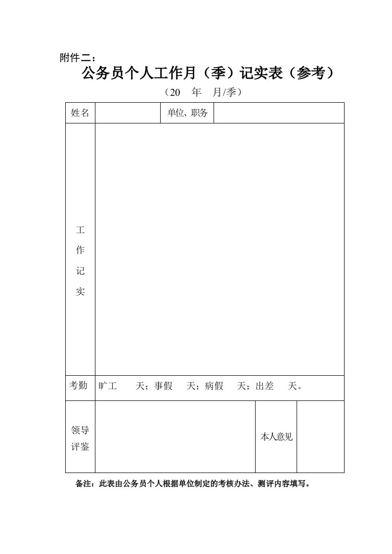 公务员个人工作月(季)记实表