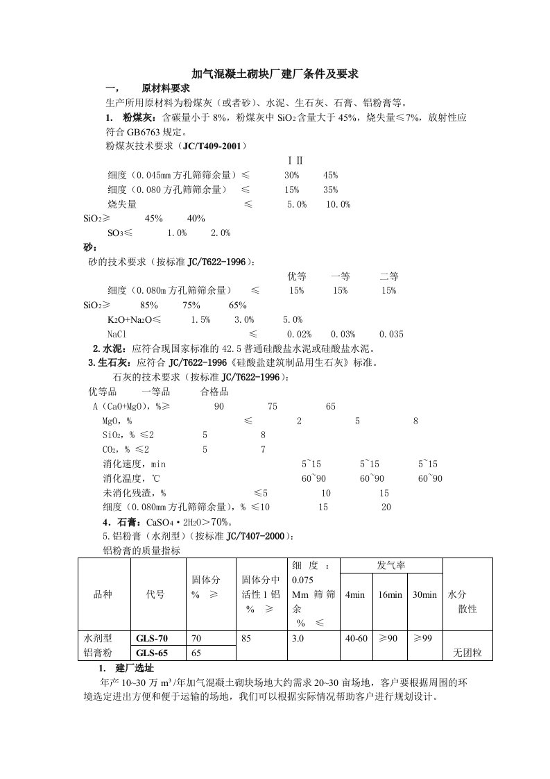 加气溷凝土砌块厂建厂条件及要求