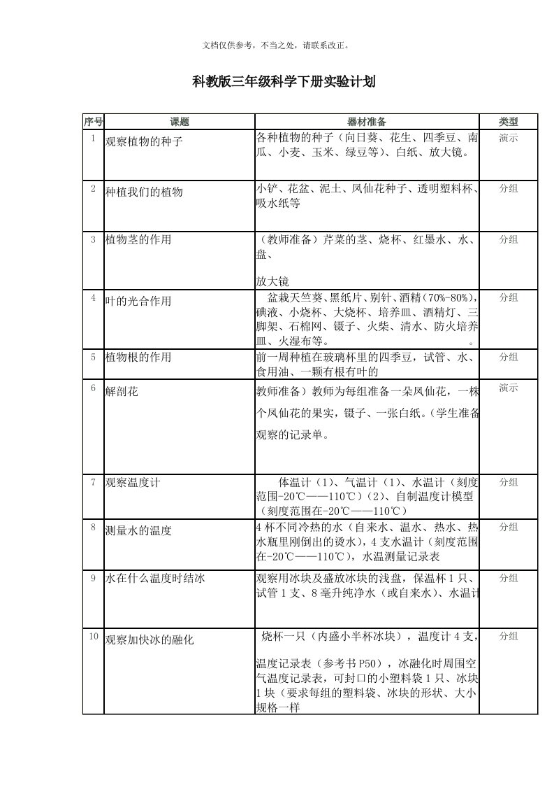 科教版三年级科学下册实验计划