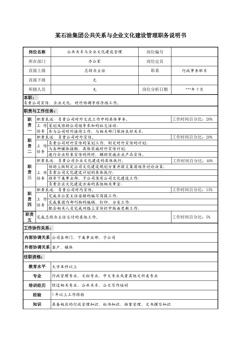 公共关系与企业文化建设管理职务说明书