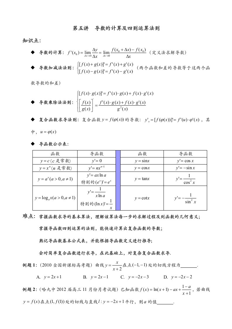 第五讲导数的计算及四则运算法则