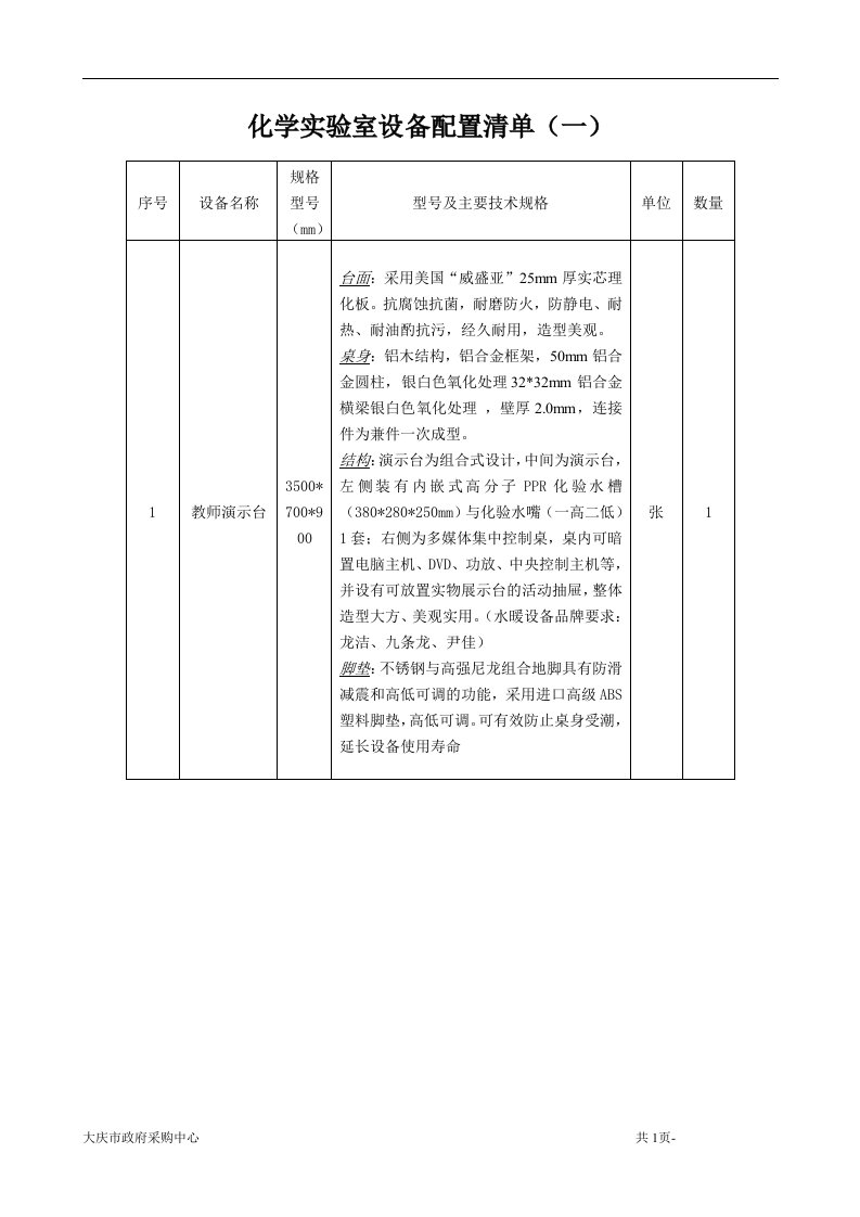 中学化学实验室设备配置清单(一)