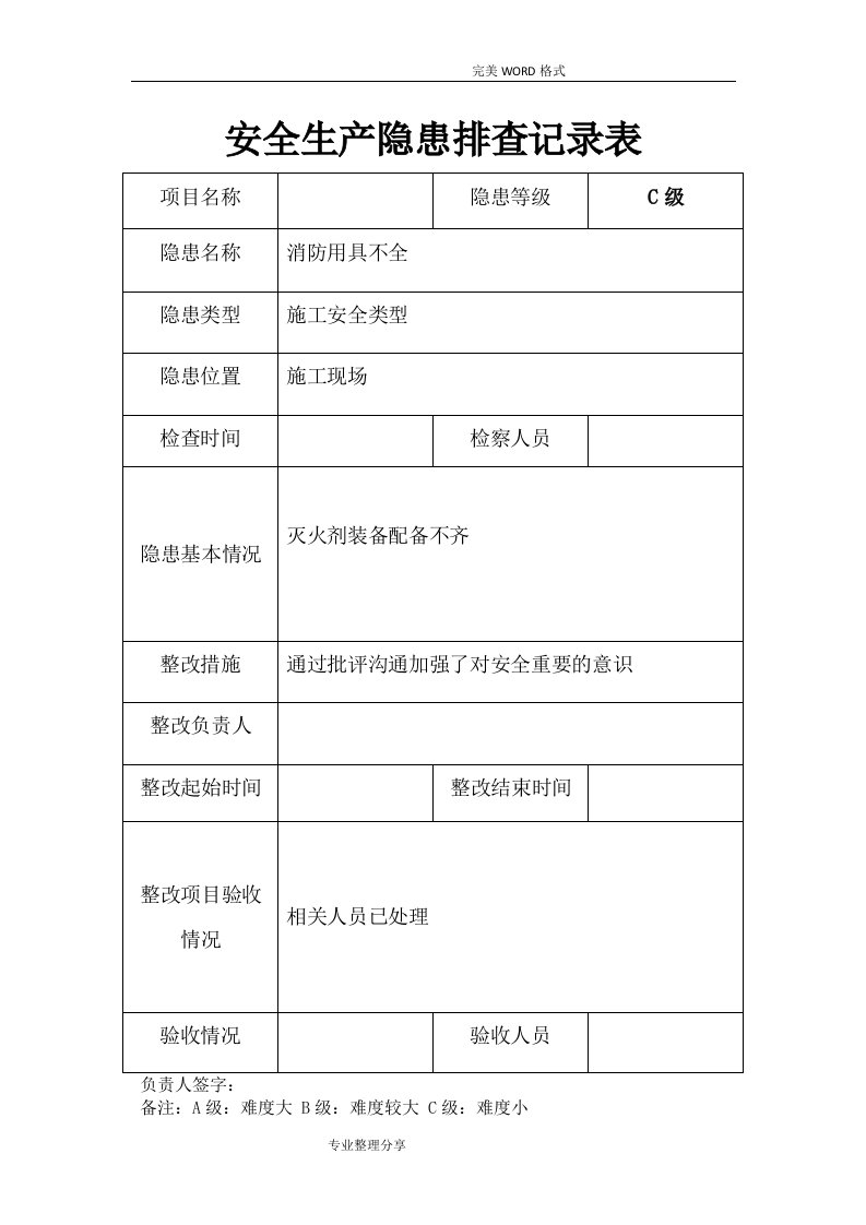 安全隐患排查记录文本表