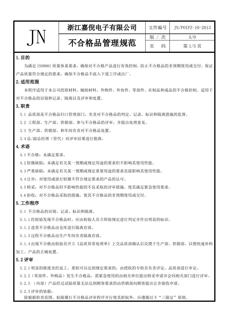 不合格品管理规范10