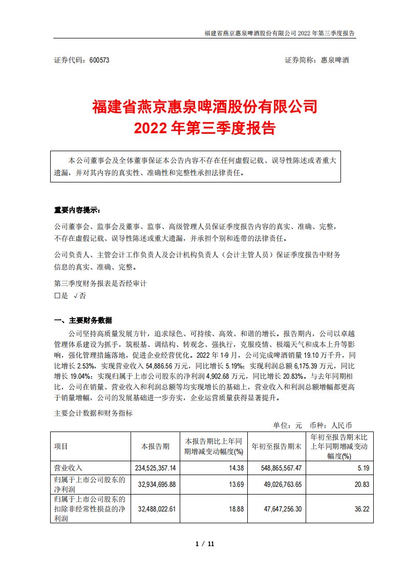 上交所-福建省燕京惠泉啤酒股份有限公司2022年第三季度报告-20221025