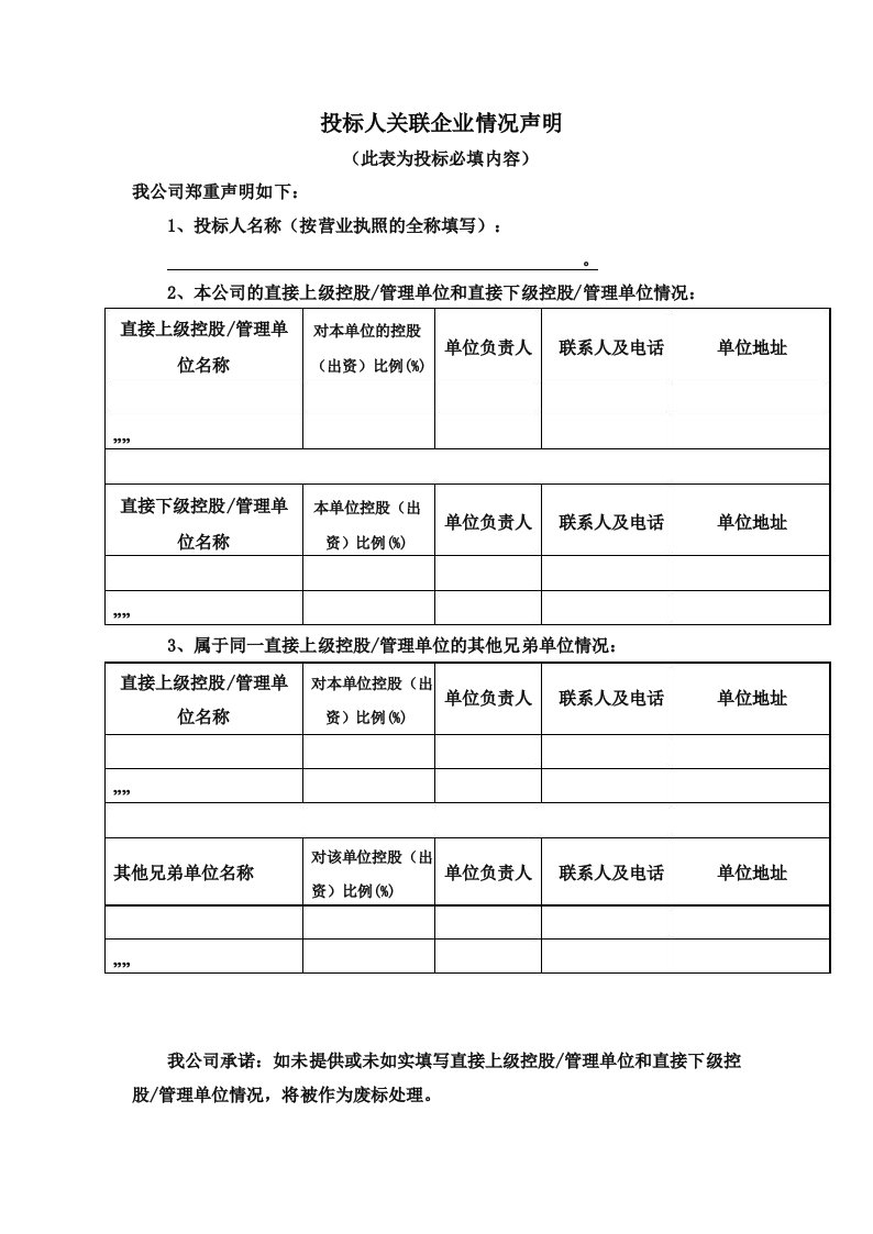 投标人关联企业情况声明