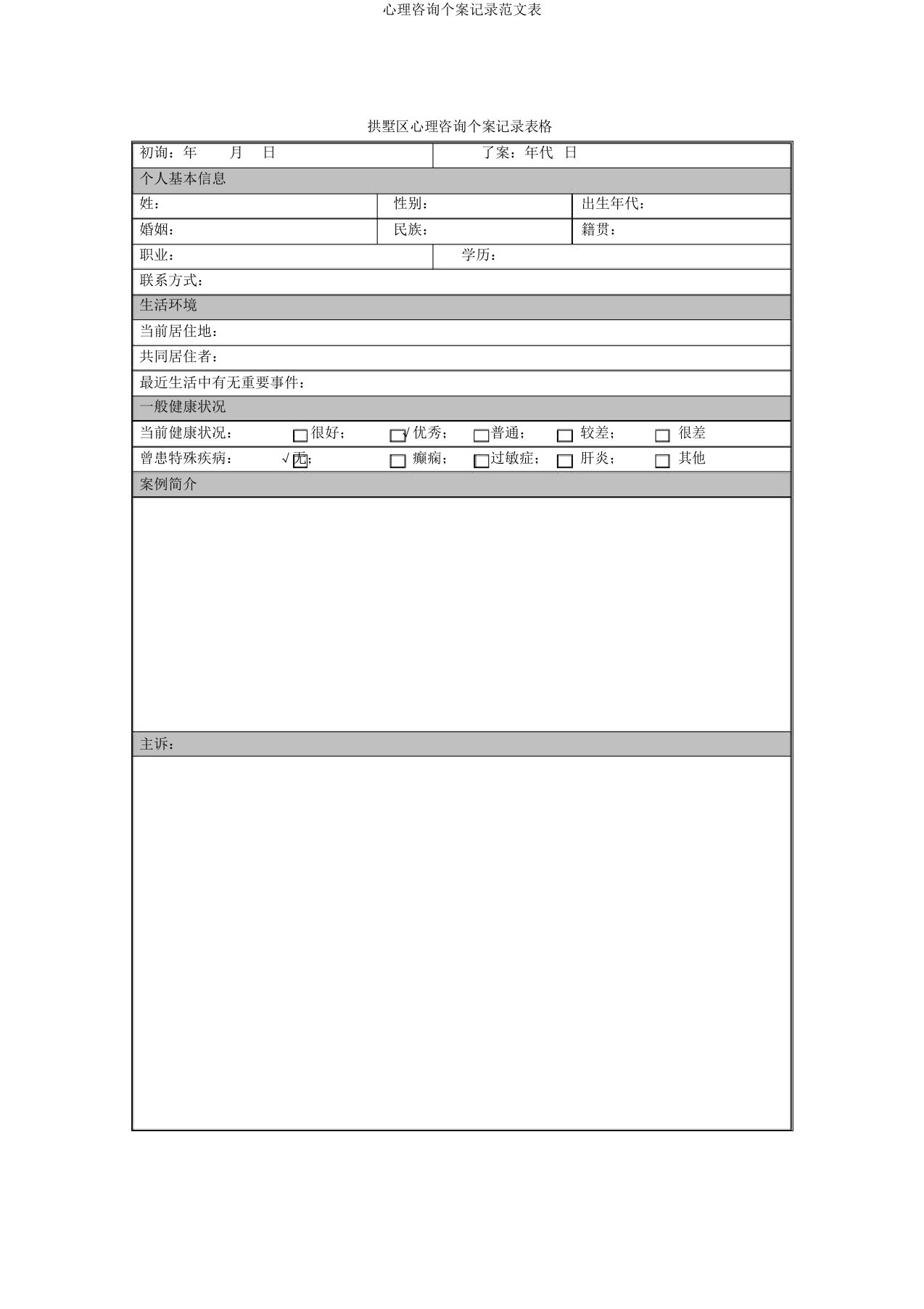 心理咨询个案记录范文表