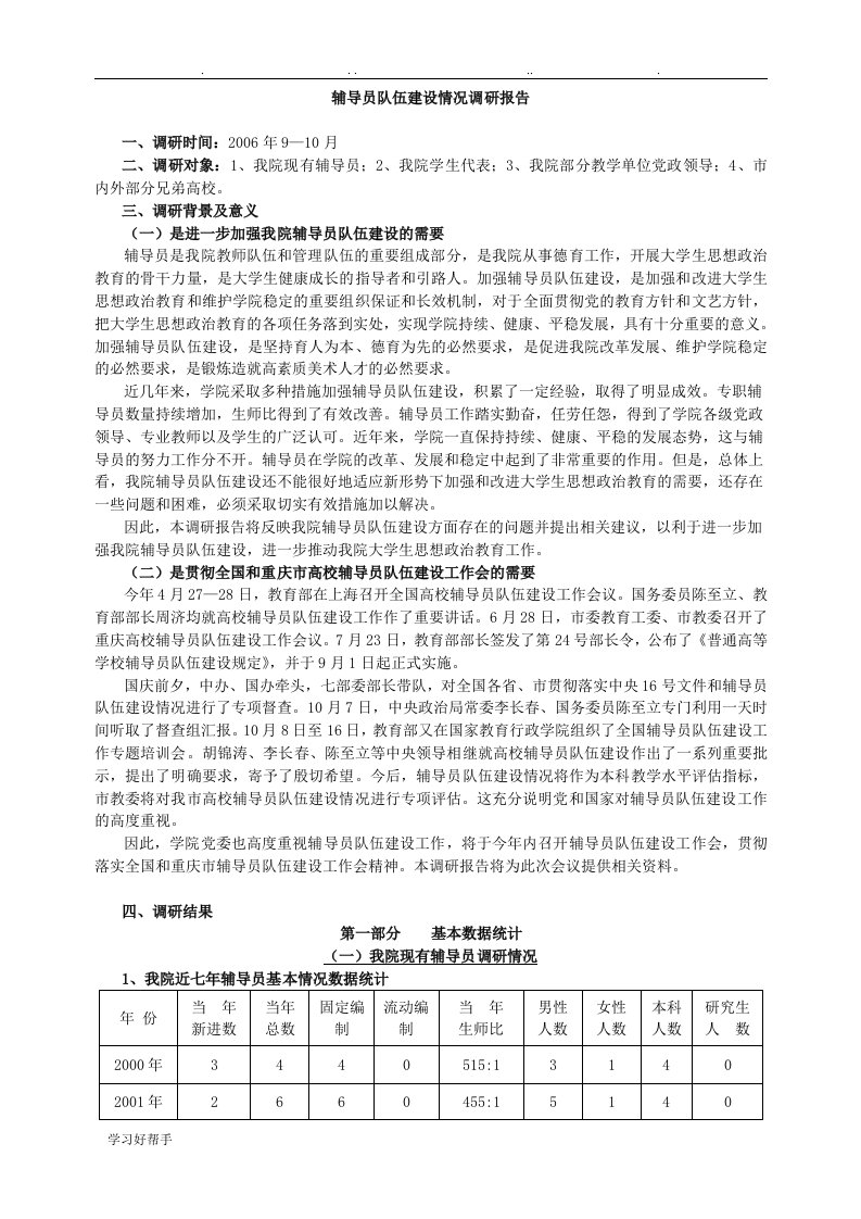 辅导员队伍建设情况调研报告书