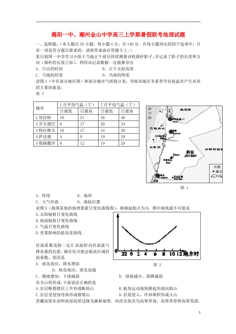 广东省揭阳一中、潮州金山中学高三地理上学期暑假联考试题