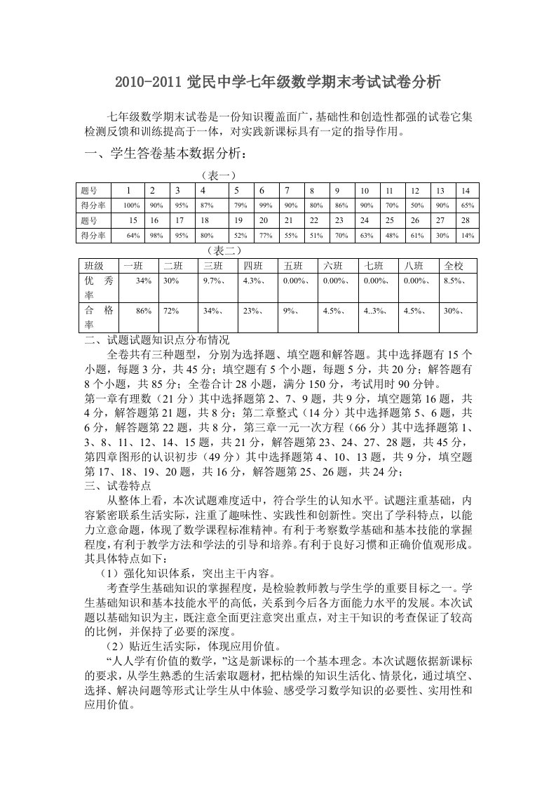 七年级数学期末考试试卷分析