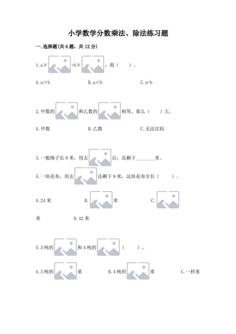 小学数学分数乘法、除法练习题及答案（各地真题）