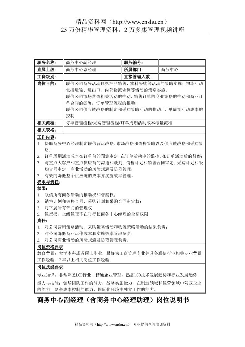 联信光电子公司商务中心副经理(含经理助理)岗位说明书