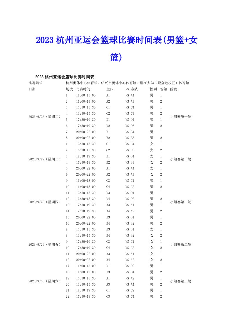 2023杭州亚运会篮球比赛时间表(男篮