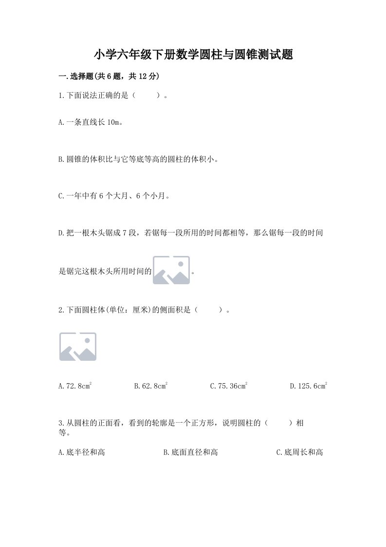 小学六年级下册数学圆柱与圆锥测试题参考答案