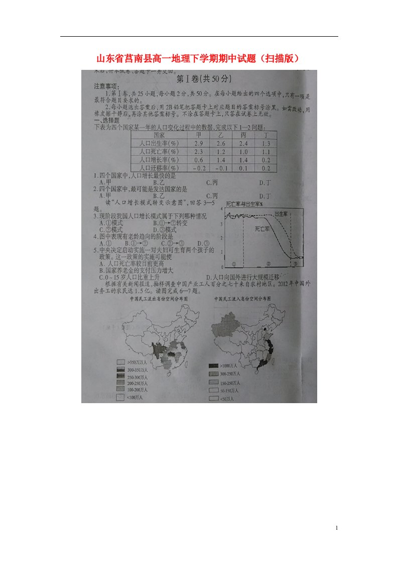 山东省莒南县高一地理下学期期中试题（扫描版）