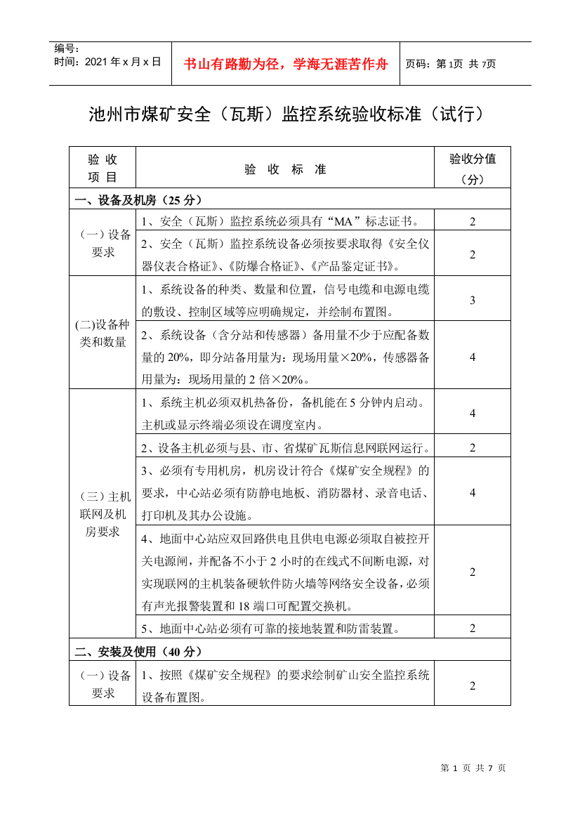 池州市煤矿安全（瓦斯）监控系统验收标准（试行）