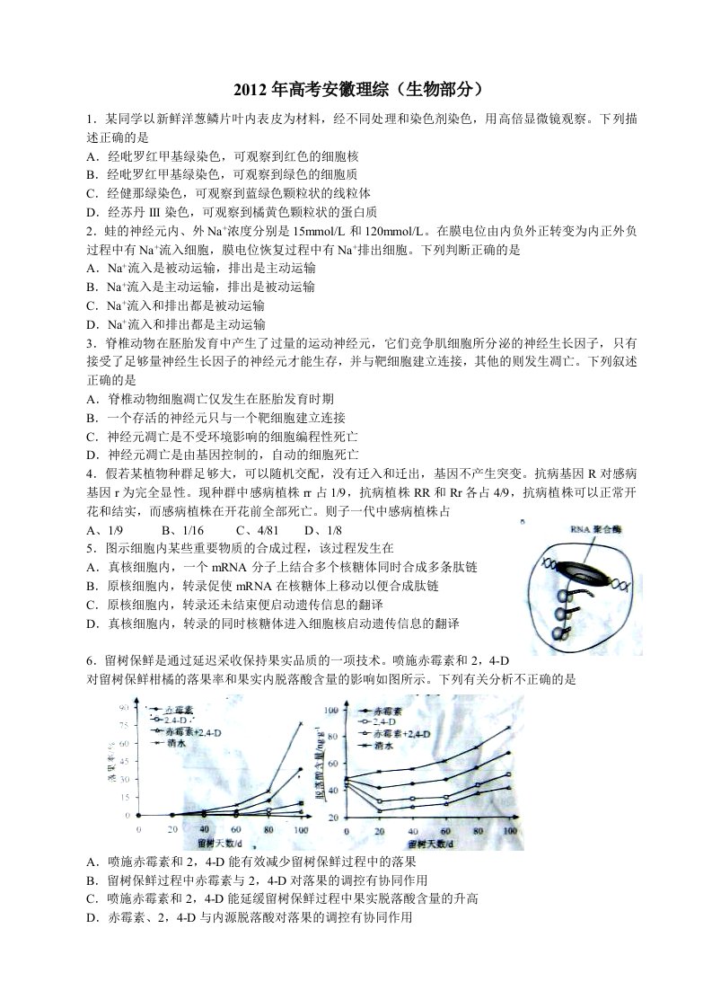 2012安徽省高考理科综合生物部分