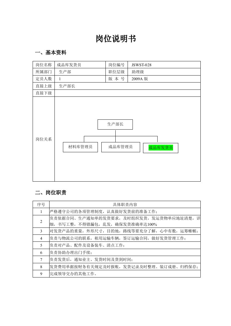 成品库发货员的岗位说明书