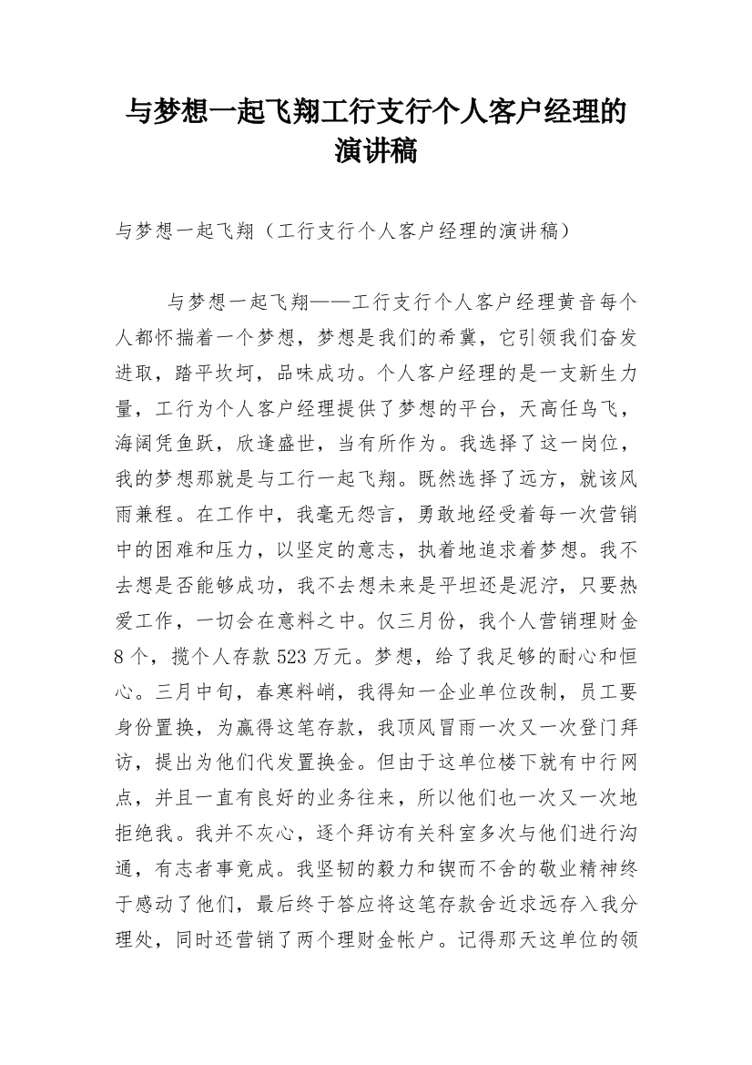 与梦想一起飞翔工行支行个人客户经理的演讲稿