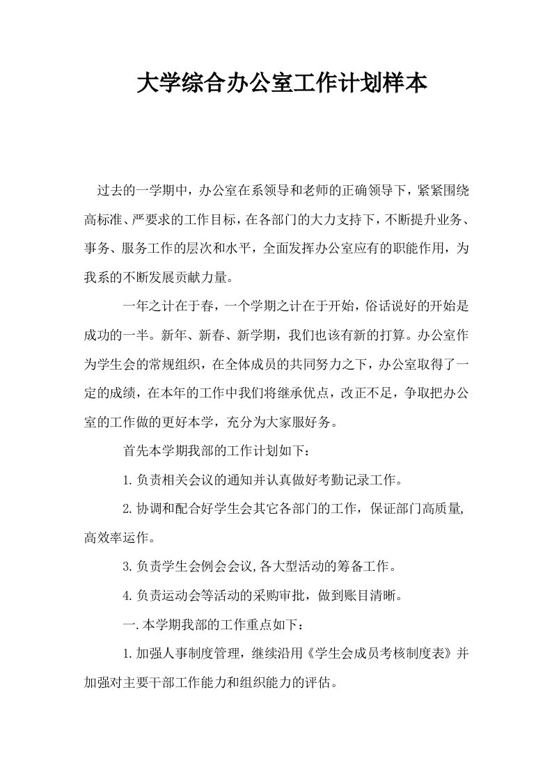 大学综合办公室工作计划样本