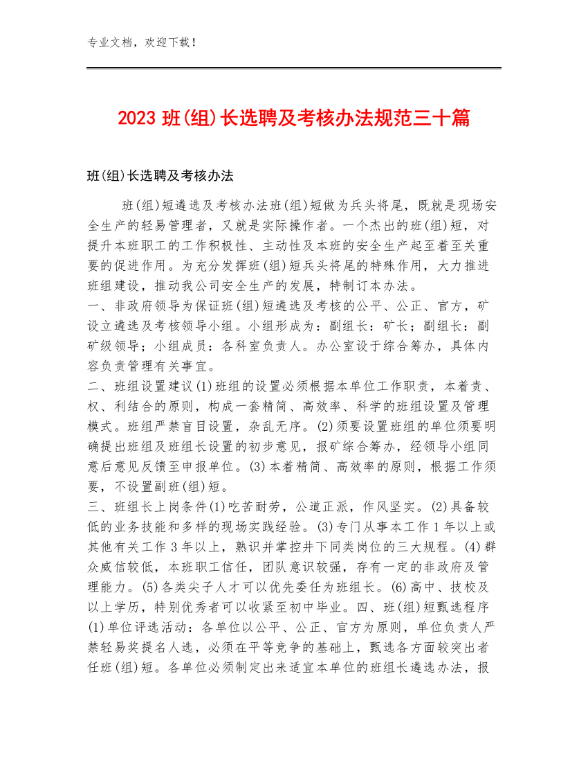 2023班(组)长选聘及考核办法规范三十篇