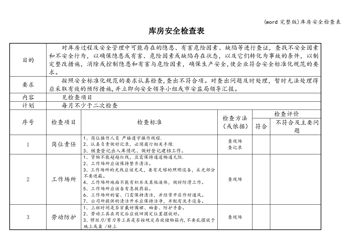 库房安全检查表