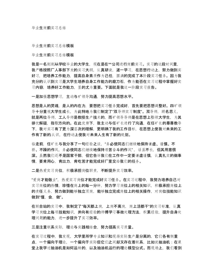 毕业生岗前实习总结