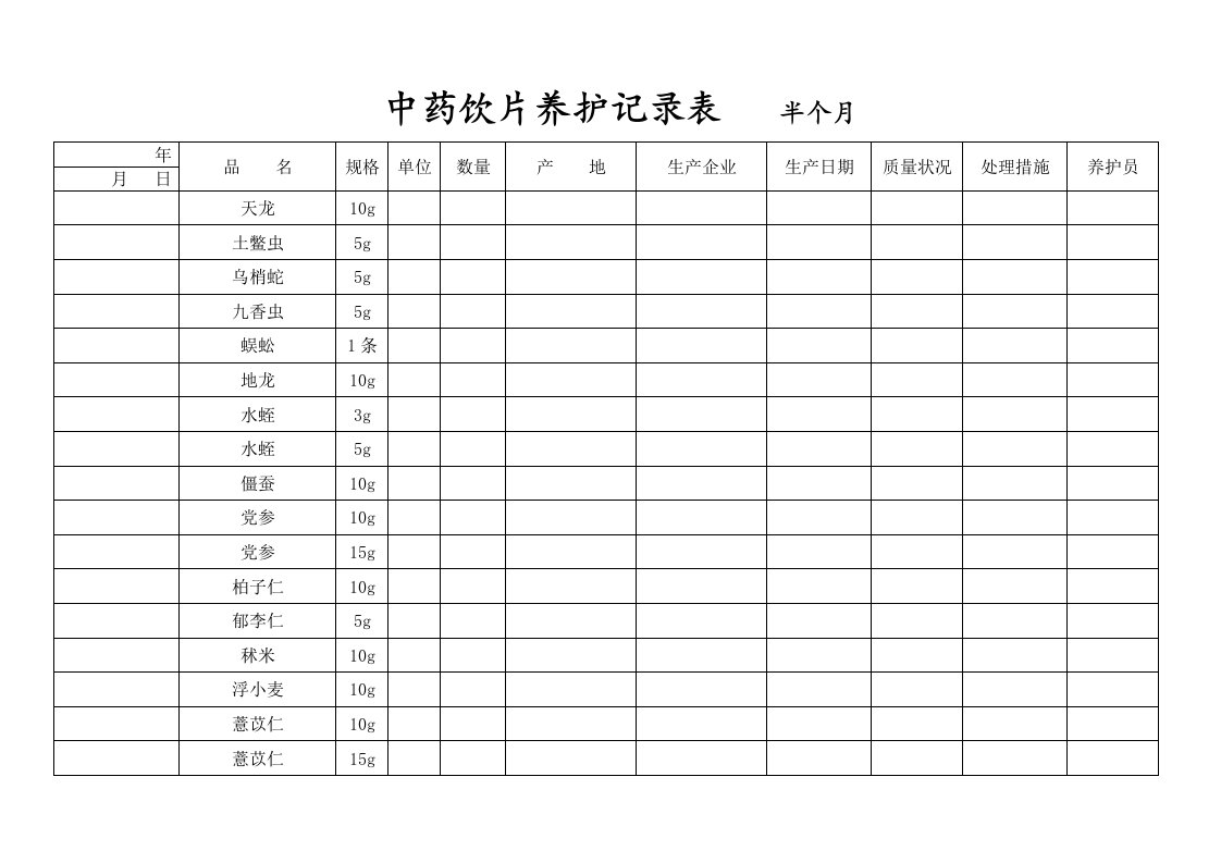 中药饮片养护记录表半个月