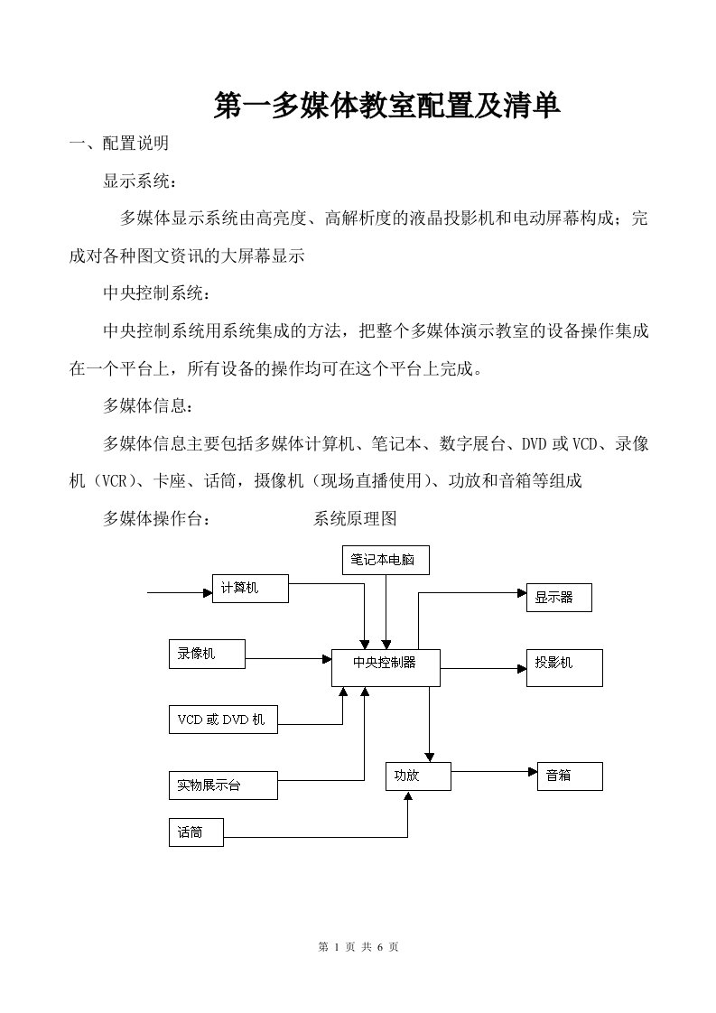 多媒体教室配置及清单