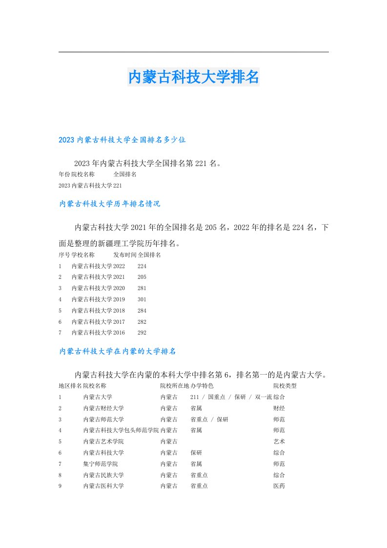 内蒙古科技大学排名