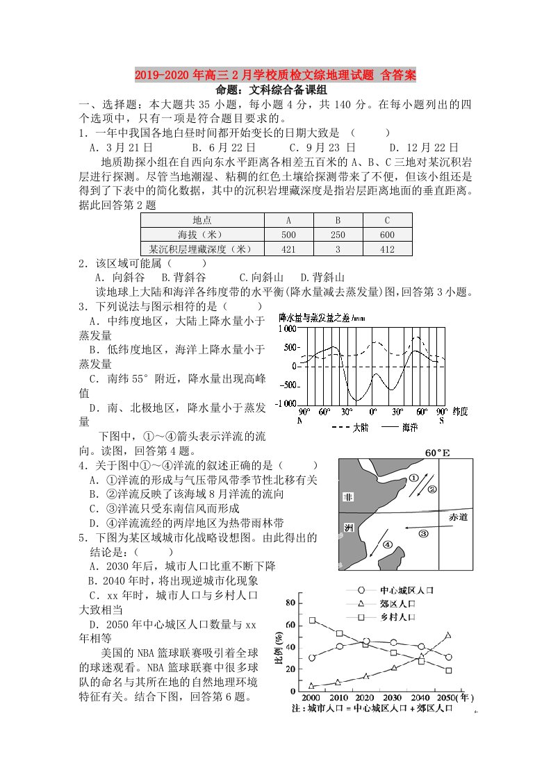 2019-2020年高三2月学校质检文综地理试题