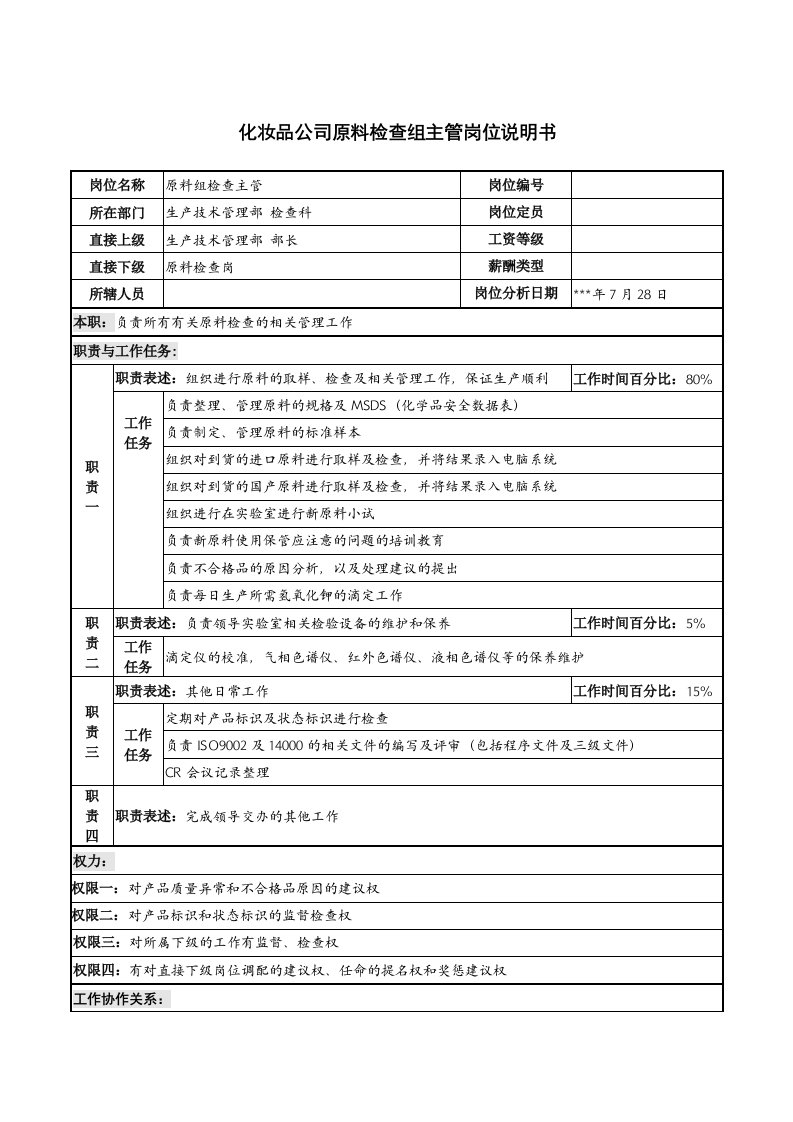 岗位职责-化妆品公司原料检查组主管岗位说明书