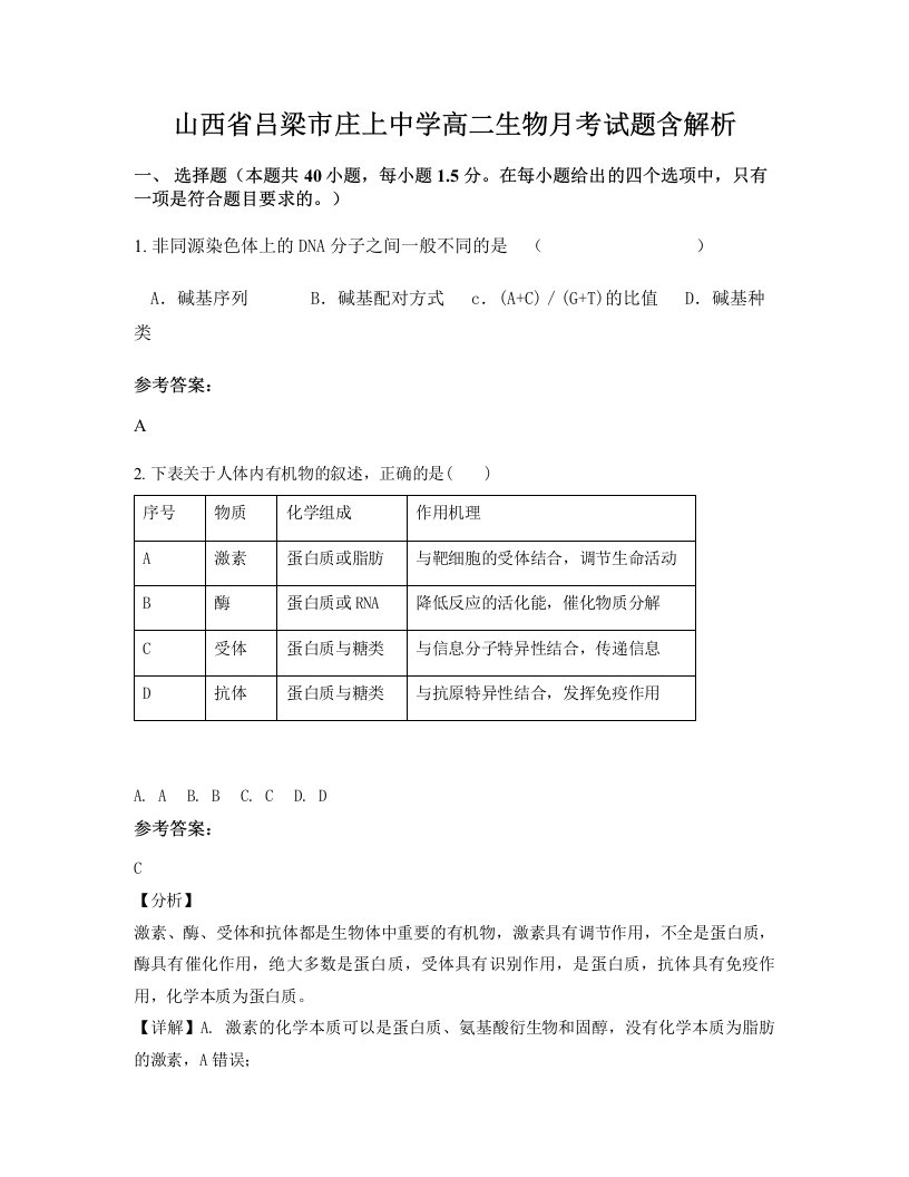 山西省吕梁市庄上中学高二生物月考试题含解析