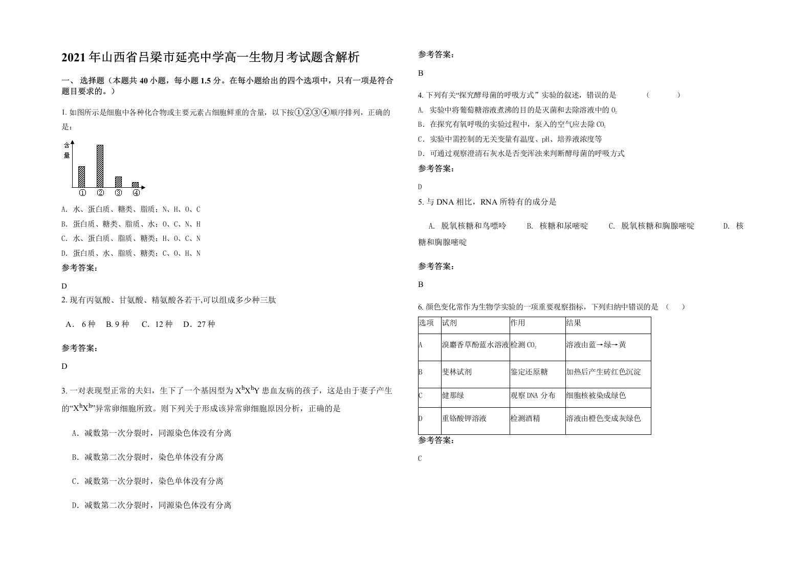 2021年山西省吕梁市延亮中学高一生物月考试题含解析