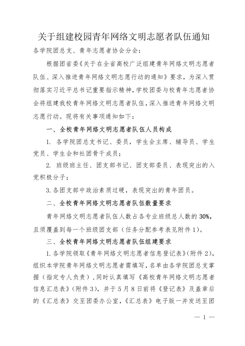 关于组建校园青年网络文明志愿者队伍通知