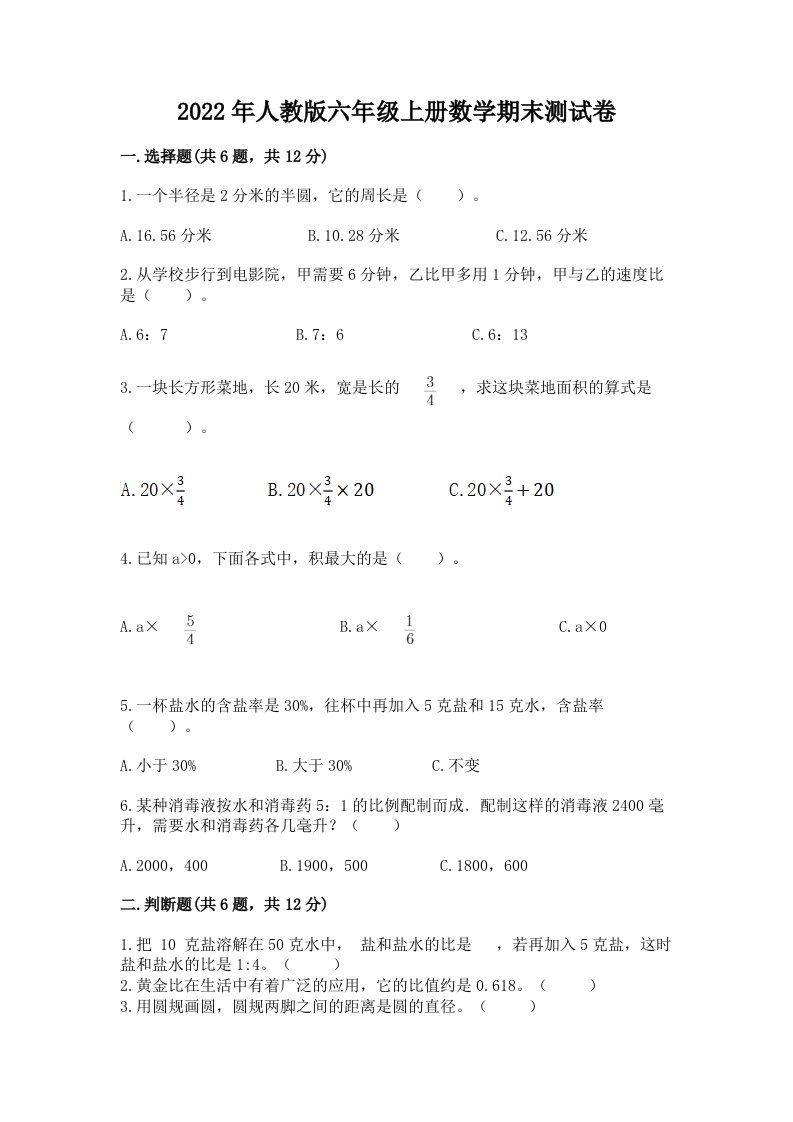 2022年人教版六年级上册数学期末测试卷及完整答案（各地真题）