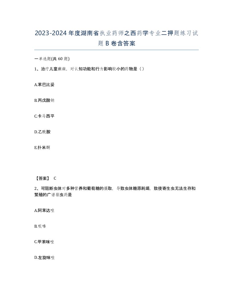 2023-2024年度湖南省执业药师之西药学专业二押题练习试题B卷含答案